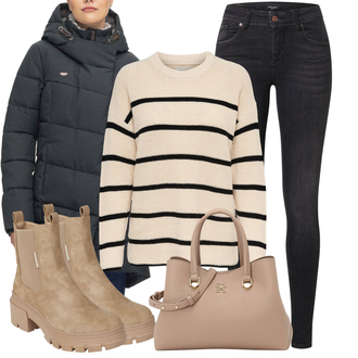Outfit mit Schwarz/Dunkelgrün/Dunkelgrau/Grau Daunenmantel/Parka/Übergangsmantel/Scuba-Mantel/Steppmantel/Wintermantel Ragwear "Cool für die Freizeit"