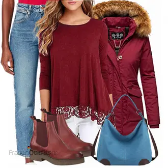 Outfit mit Rot/Braun/Dunkelrot Gummistiefelette/Lederjacke/Chelsea Boot Tamaris "Herbstlicher Look"