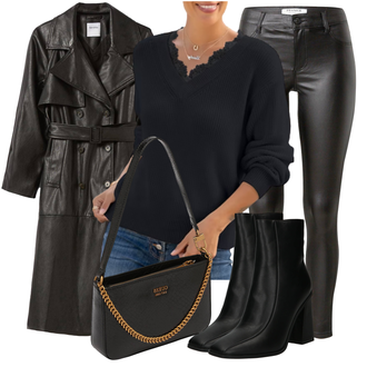 Outfit mit Grau/Schwarz/Braun/Dunkelgrau/Dunkelgrün/Dunkelbraun Women's Trenchcoats/Midi Mantel/Langmantel/Langer Mantel/Ledermantel/KunstLedermantel bershka "Outfit für den Herbst"