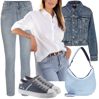 Button Down Cropped Outfit mit Weiß/Creme/Braun/Lila/Blau Bluse Mit Knopf/Oversize Bluse/SchlupfBluse/Oversize Musselin Bluse/Carmen­Bluse/Leinen­Bluse/Bluse mit Stehkragen Lascana "Outfits für jeden Tag"