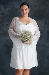 Curve White Belted Lace Knitted Bridal Dressing Gown