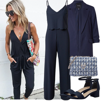 Elegantan, Sportski Ljeto Outfit sa Tamnoplava/Svjetloplava/Plava Sandala na Petu/Sandalice s blok petom/Sandala s petom Tamaris "Proljetni Outfit"Look: Stil, cool, Ured, Francuske, Elegantan, Chic, Old Money, Šik