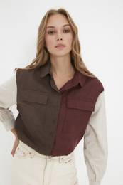 Brown Color Block Woven Shirt with Buttons