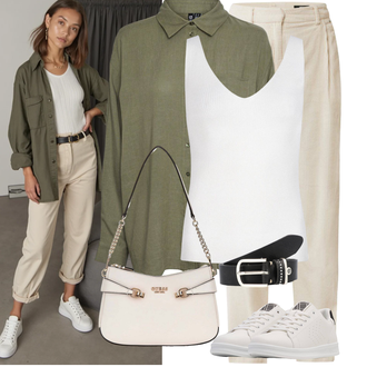 Outfit met wit/Lichtgrijs/grijs Leren sneaker/Lage Sneaker/Skateschoen/Smalle sneaker/Sneaker met gaatjesmotief/Sneaker met Zijrits/Zomer sneaker Hummel "Modieuze lente-outfit"