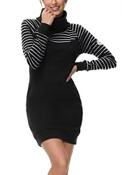 TrendiMax Damen Sweatshirt Langarm Hoodie Kleid Pulloverkleid Rollkragen Sweatkleid Kapuzenpulli Lange Tops, Schwarz Gestreift, L