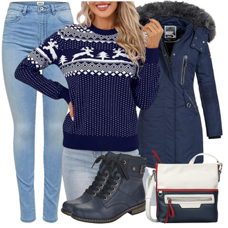 Outfit mit Dunkelblau Kapuzenmantel/Mantel mit Fellkragen/Daunenmantel/Mantel mit Reißverschluss/Parka/Wintermantel Geographical Norway "Outfit für den Winter"