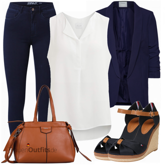 ohne Verschluss Outfit mit Dunkelblau 3/4 Bluse/Bluse Oberteil/Bluse mit Stehkragen/Bluse Mit Schleife/Business Bluse/Elegante Bluse/Lederjacke/Longbluse/Langarmbluse/Tunika Pieces "Stylische Kombination für den Frühling"