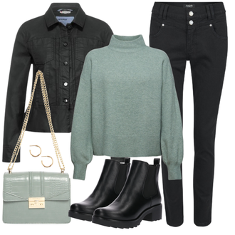Oversize Kurz Outfit mit Schwarz Chelsea Boot/Lederjacke/Flache Stiefelette/Gummistiefelette About You "Frühlingsoutfit"Look: Uni, Schick, Edel, Coole, Oversize, Techno, Unisex, Wetlook