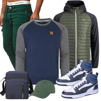 Outfit mit Dunkelgrün/Grün Laufjacke/Leichte Jacke/Verstaubare Jacke/Hybridjacke Jack & Jones "Street Style Outfit"