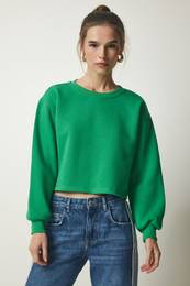 Happiness stanbul Women's Green Crew Neck Raised Crop Knitted Sweatshirt