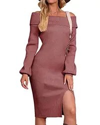 Vthereal Strickkleid Damen Pulloverkleid Schulterfrei Pullover Winterkleid Tunika Pulli Kleid Warme Lange sexy,Ziegelrot,S