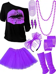 80 Jahre Kostüm Zubehör Set, T-Shirt Tutu Stirnband Ohrring Halskette Beinlinge(S,Lila)