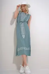 Trend Alaat Stili Women's Mint Embroidery Printed Bohemian Dress
