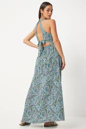 Happiness stanbul Women's Green Patterned Slit Dress