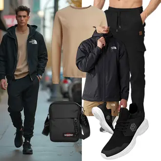 Outfit mit Schwarz/Khaki/Dunkelblau Trainingshose/Sporthose/Jogger Hose/Cargo-Jogginghose/Kurze Hose/Capri JustSun "Freizeit Outfit"
