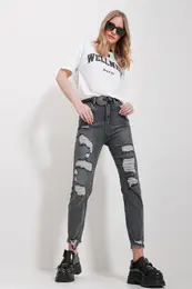 Trend Alaat Stili Women's Anthracite Washed Tumbled Mom Jeans