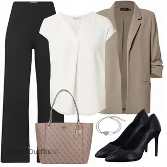 Outfit mit Grau/Creme/Weiß/Braun/Khaki/Gelb/Beige Hemdbluse/Musselin Hemd/Kurzarm Hemd/Bügelfreies Hemd/Businesshemd/Business Hemd/Kurzarmbluse/Ärmellose Bluse/Tuniken-Shirt/Bluse Oberteil/Schlupfbluse/Offene Bluse/Plissee Bluse/Klassische Tunika/Lederjacke About You "Business Look"