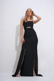 Trend Alaat Stili Women's Black Adjustable Strap Out Cut Slit Graduation Dress