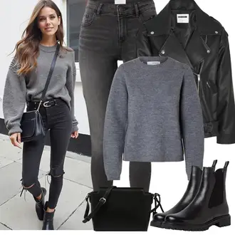 Winter Outfit mit Hellgrau/Grau/Dunkelgrau Lederjacke/High Waist Jeans/Jeans mit Schlitz/Push up Jeans/Slim Fit Jeans/Cuir Chaussures/Thermojeans/男士皮夹克/Winterjacke Noisy may "Frühling outfit"