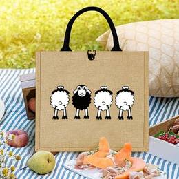 Print Jute Tote Bag, Large Capacity Handbag With Closure, Trendy For Outdoor Picnic And Party, No Paint, Fabric Material