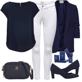 ohne Verschluss Outfit mit Dunkelblau 3/4 Bluse/Bluse Oberteil/Bluse mit Stehkragen/Bluse Mit Schleife/Business Bluse/Elegante Bluse/Lederjacke/Longbluse/Langarmbluse/Tunika Pieces "Frühlings Outfit"
