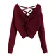 ZAFUL Damen Verdrehte Kreuz Tropfen Schulter Strickpullover Verknotet Oben Sweatshirt Pullover Jumper(Rotwein,M)