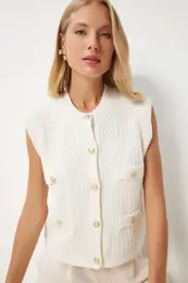 Happiness stanbul Women's Bone Stylish Buttoned Textured Knitwear Vest