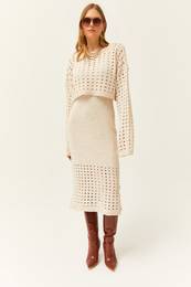 Women's Stone Top Openwork Sweater Bottom Openwork Dress Knitwear Suit
