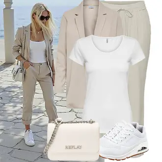 Koncer Outfit sa Bež/Smeđa/Kaki Nekategorizirano JdY, Bijela/Srebro/Siva/Krem Muške tenisice za trčanje/Funkcionalna majica/Obični top/Majica/Ležerna majica/Sportska majica Only "Moderni outfit za proljeće"Look: Koncer, Škola, Posebne prigode, Majčin dan, Korporativna zabava, Krštenje, Tulum
