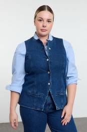 Curve Blue Crew Neck Plus Size Denim Vest
