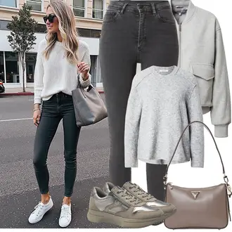 Outfit mit HellGrau/DunkelGrau/Grau Lederjacke/High Waist Jeans/Jeans mit Schlitz/Push up Jeans/Slim Fit Jeans/Cuir Chaussures/Thermojeans/Winterjacke Armedangels "Frühling outfits"