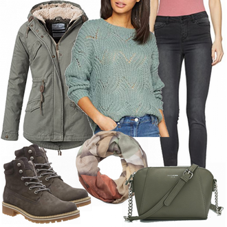 Grunge Outfit mit Schwarz/Dunkelgrau/Hellgrau/Khaki/Grau Biker Jeans/Jeans mit Schlitz/High Waist Jeans/Winterjacke/Push up Jeans/Lederjacke/Leder Schuhe/Thermojeans VERO MODA "Tamaris Style"Look: Schön, Schlichte, Casual, Classic, Trendige, Vintage, Moderne, Premium, Smart Casual, Nahtlos, Elegant, Grunge