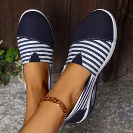 Women's Striped Slip-on Sneakers, Round Toe Low Top Shoes With Sole And Fabric Insole