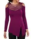 Damen Langarm Shirt Transparent Tüll Mesh T-Shirt Tunika Tops Loose Fit Blusen T-Shirt Bluse Violett Rot L