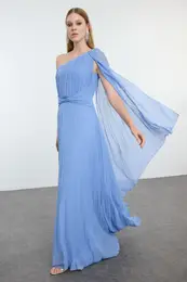 Blue A-Cut Pleated Long Evening Dress