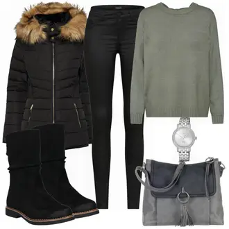 Outfit mit Schwarz Kleid/Tasche/Gürtel/Jeans SOAKED IN LUXURY "Rieker"