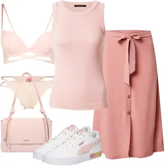 Outfit mit Rosa 60er Jahre Rock/A Linien Rock/Wadenlanger Rock/Ausgestellter Rock/Knielanger Rock/Midirock/Moderne Rock/Standesamt Rock/Short Große Größe/Kleid Große Größe About You "Schöner Sommer Look"