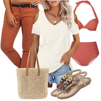 Off Shoulder Outfit mit Khaki/Weiß/Beige Offene Bluse/Bluse Oberteil/KurzarmBluse/Bluse/SchlupfBluse/Einfarbige Bluse Beluring "Outfit für den Sommer"