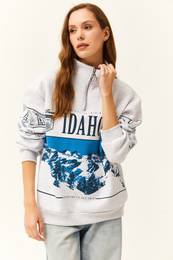 Women's Gray Melange Zippered High Collar Ribbed Oversize Sweatshirt