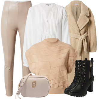 Outfit s Bílá/Krémová/Khaki Slip-on Halenka/Halenka s Dlouhým Rukávem/Kožená bunda pro muže/Halenkové Body/Sportovní Halenka/Oversize Muselínová Blůza About You "Zimní outfity"