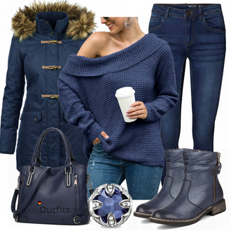 Wasserdicht Outfit mit Dunkelblau/Hellblau/Blau Langjacke/Wachsjacke/Winterjacke/Parka-übergangsjacke/Winter Parka Desires "Style Dome Pullover"