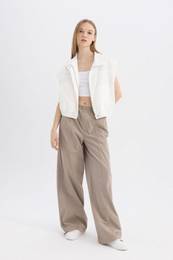 Poplin Trousers Wide Leg Double Pocket High Elastic Waist Standard Length Adjustable Elastic Leg