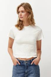Ecru Gimped Fitted/Body-Sitting Crew Neck Knitted Blouse