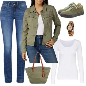 Outfit mit Grün/Khaki/Dunkelgrün Sommerjacke/Shirtjacke/Frühlingsjacke/Cargojacke/Militärjacke Wrangler Authentics "Grüner Alltagslook"