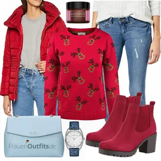 Outfit mit Rot Norweger Pullover/Nicki Pullover/Wollpullover/Vintage Pullover/Weihnachtspullover/Jacquard Pullover/Pullover Bedrucken BlendShe "Guess Tashen"