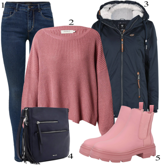 tenues avec Rose Bottine Chelsea/Bottine Plate/Bottine en Caoutchouc/Veste en Cuir About You "tenues parfaite"