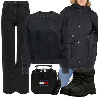 Na Procházku Zima Outfit s Černá Zimní kotníková bota/Zimní bota/Teniska Zimní Tenisky/Ovčí Kožešinová Bota/Vycpaná kozačka/Zimní kozačka z jehněčí kůže Guess "Zimní look"Look: Trekking, Turistika, Na Procházku