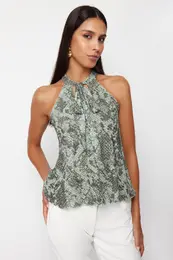 Khaki Animal/Snake Printed Special Textured Stretchy Knitted Blouse with Tie Detail