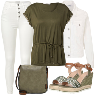 Outfit mit DunkelGrün/Grün Bluse Große Größe/Shirt & Top Große Größe/Tunika/Bluse/Bluse Oberteil/Crash­Bluse/Lederjacke/KurzarmBluse/Kurzarm-Tunika/Sportliche Bluse/Tuniken-Shirt About You "Sommerliches Freizeit Outfit"