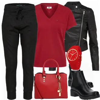 Oversize Kurz Outfit mit Schwarz Chelsea Boot/Lederjacke/Flache Stiefelette/Gummistiefelette About You "tommyHilfigershirt"Look: Uni, Schick, Edel, Coole, Oversize, Techno, Unisex, Wetlook